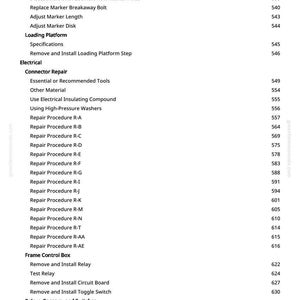 May include: A detailed table of contents from a manual, featuring sections on specifications, electrical repairs, and frame control box procedures. The page includes numbered entries and subheadings.