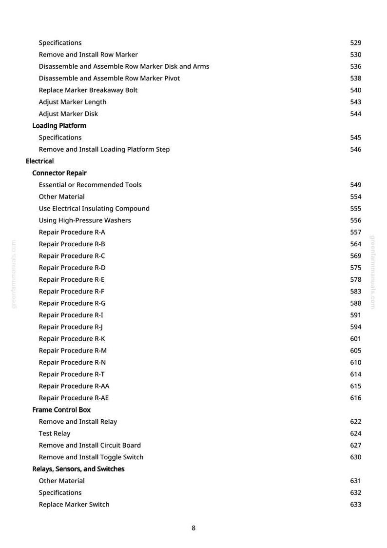 May include: A detailed table of contents from a manual, featuring sections on specifications, electrical repairs, and frame control box procedures. The page includes numbered entries and subheadings.