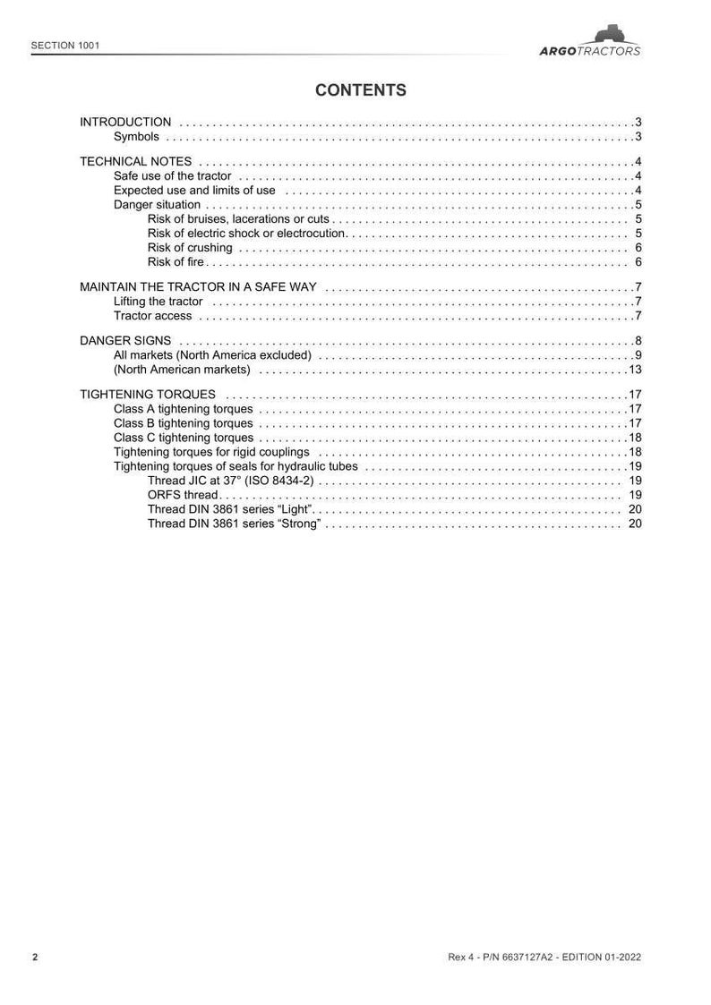 Peut inclure: Document blanc pr&eacute;sentant une table des mati&egrave;res pour un manuel de tracteur. Le document comprend des sections sur les notes techniques, la s&eacute;curit&eacute; et les couples de serrage. Le logo ARGO TRACTORS est en haut.