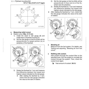 May include: Technical diagram from a manual detailing flywheel disassembly and assembly procedures. Includes diagrams for measuring facial and radial runout, along with instructions for bleeding air and refilling with coolant. The total coolant amount is 30.5 liters.