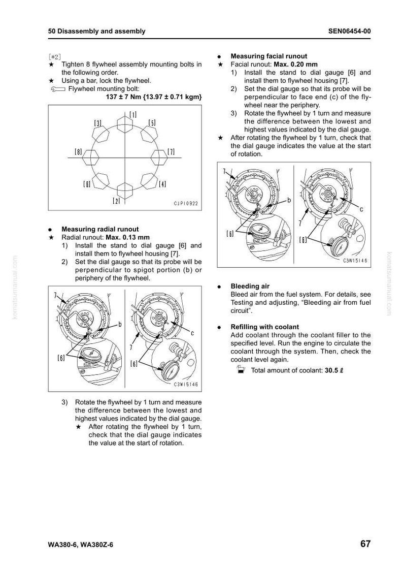 May include: Technical diagram from a manual detailing flywheel disassembly and assembly procedures. Includes diagrams for measuring facial and radial runout, along with instructions for bleeding air and refilling with coolant. The total coolant amount is 30.5 liters.