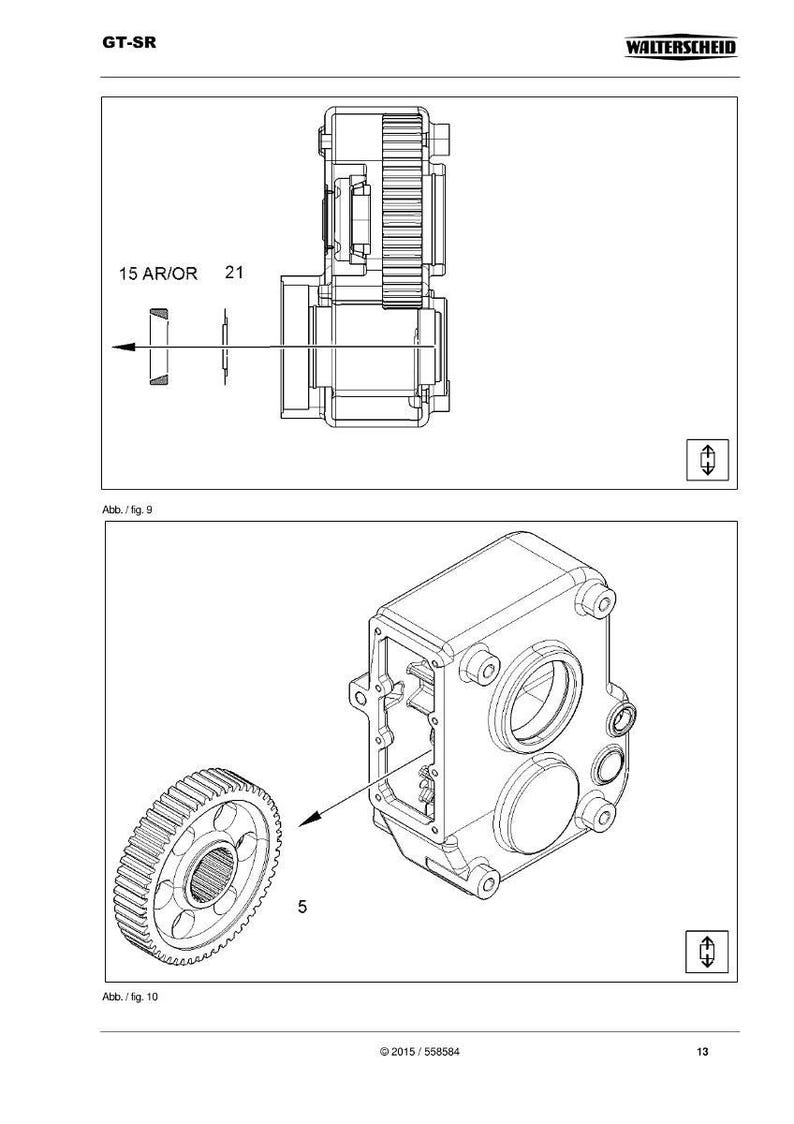 May include: Technical diagram of a GT-SR mechanical component, with detailed line drawings of gears and housing. The image includes labels such as "15 AR/OR" and "21", along with the "WALTERSCHEID" logo.