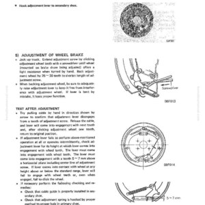 Pu&ograve; includere: Schema di regolazione dell'impianto frenante, comprese le impostazioni del freno a ruota. Include illustrazioni di componenti come un cacciavite e una guida per cavi. Il testo fornisce istruzioni per la regolazione del freno a ruota, con misure in mm.