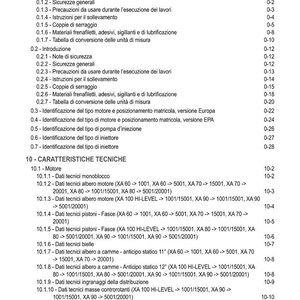 May include: A detailed table of contents in Italian, with sections on safety, technical characteristics, and engine specifications. The document includes data on engine components, measurements, and technical details.
