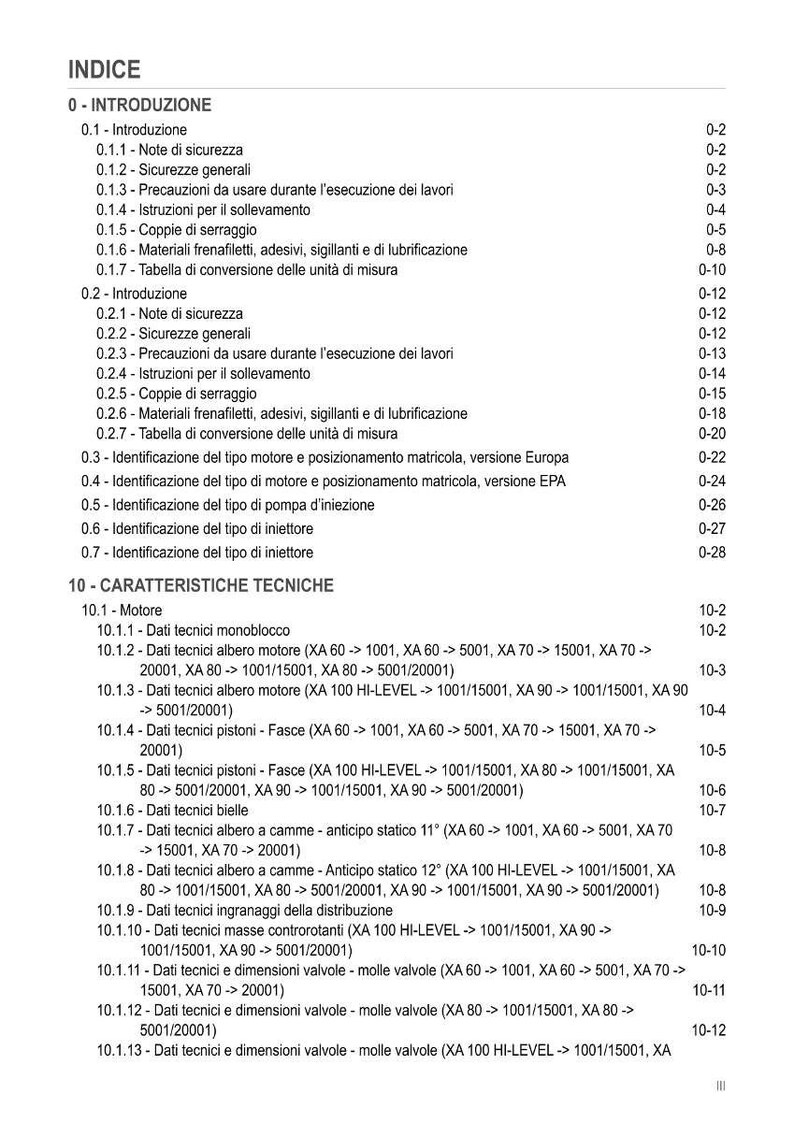 May include: A detailed table of contents in Italian, with sections on safety, technical characteristics, and engine specifications. The document includes data on engine components, measurements, and technical details.