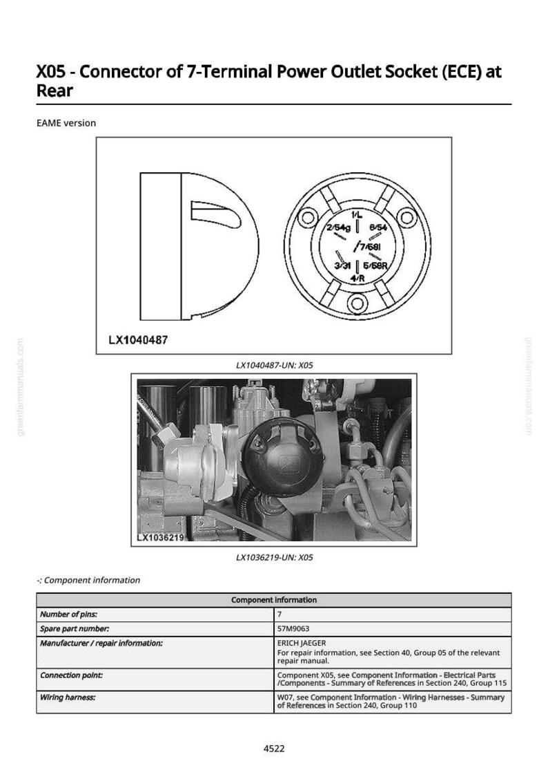 Może przedstawiać: Schemat techniczny gniazda zasilania 7-pinowego X05 (ECE) z tyłu. Obraz przedstawia szczeg&oacute;łowe ilustracje złącza i jego element&oacute;w. Zawiera informacje o komponentach.