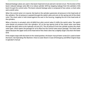 May include: A technical document page with the heading "NOTE:" detailing the operational principles of boom and arm reduced leakage valves. The text explains the function of the valves, including cylinder drift and oil pressure. The page includes the number "999" at the bottom.