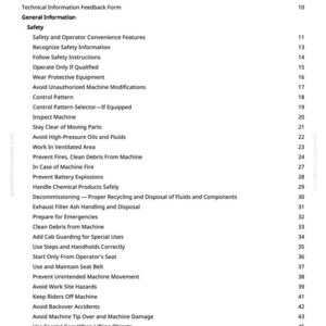 May include: A page from a manual titled "Table of Contents." The text lists safety instructions, including operating procedures, maintenance, and emergency protocols. The document is printed on white paper with black text.