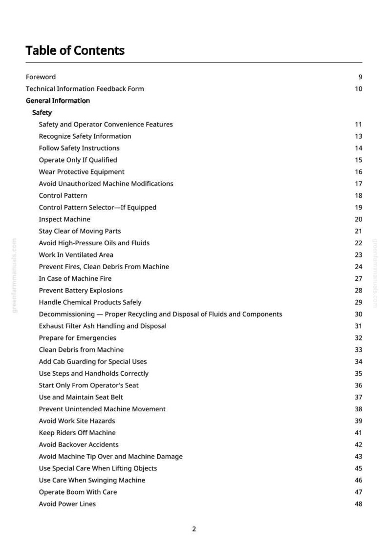 May include: A page from a manual titled "Table of Contents." The text lists safety instructions, including operating procedures, maintenance, and emergency protocols. The document is printed on white paper with black text.