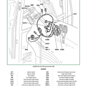May include: Diagram of a vehicle's wiring harness, labeled with various components like switches and connectors. The image includes text indicating the process of removing and installing the wiring harness.