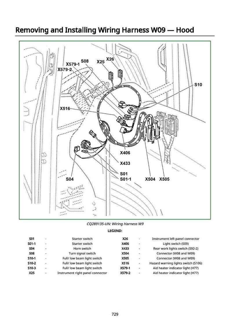 May include: Diagram of a vehicle's wiring harness, labeled with various components like switches and connectors. The image includes text indicating the process of removing and installing the wiring harness.