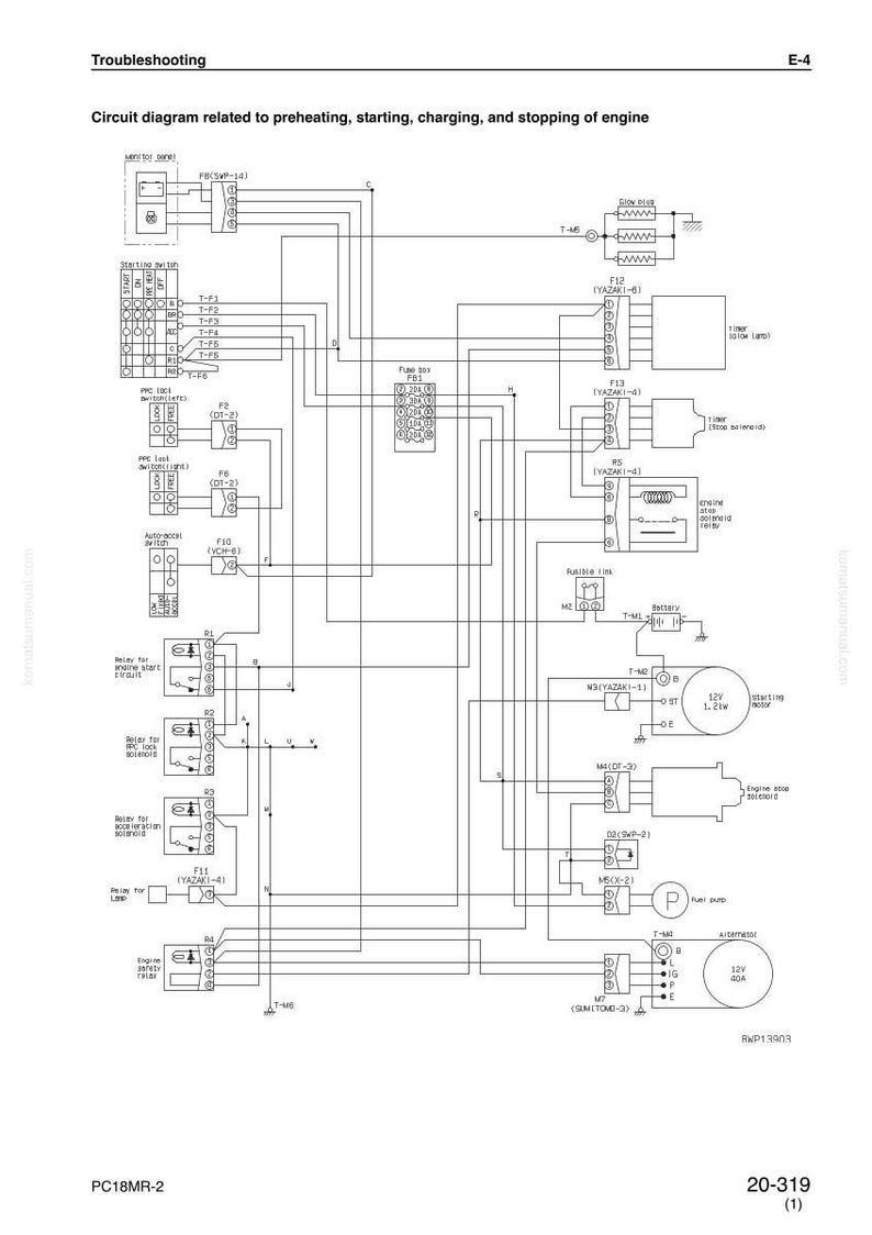 May include: A detailed circuit diagram related to preheating, starting, charging, and stopping of an engine. The diagram includes various components such as relays, fuses, and a 12V starting motor. Text includes "Troubleshooting" and "Circuit diagram".