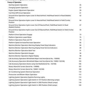 May include: A white page with a table of contents for a manual. The headings include "Fuel/Air Systems," "Electrical System Diagnosis," and "Lighting System Operation." Page numbers are listed on the right.