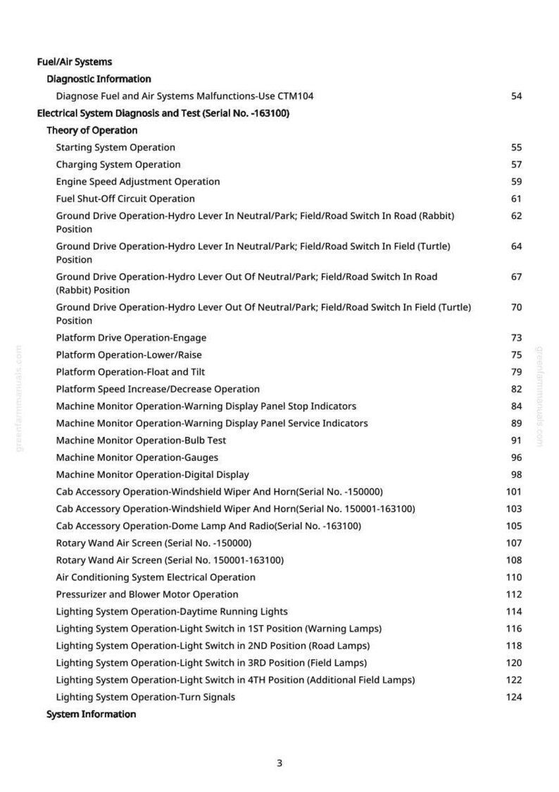 May include: A white page with a table of contents for a manual. The headings include "Fuel/Air Systems," "Electrical System Diagnosis," and "Lighting System Operation." Page numbers are listed on the right.