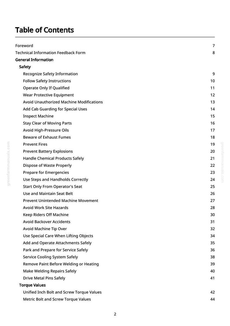 May include: A white page with a black table of contents. The title "Table of Contents" is at the top. The list includes safety instructions, machine operation, and maintenance guidelines.