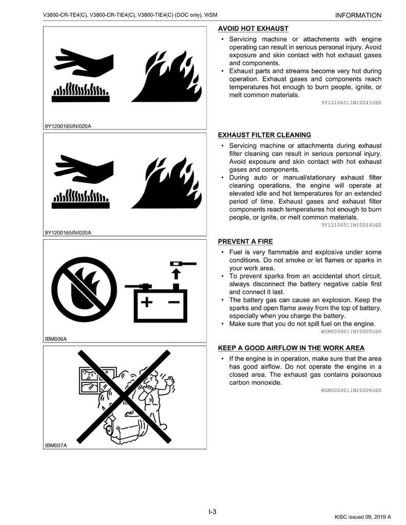 K&ouml;nnte beinhalten: Sicherheitsinformationsblatt mit Illustrationen und Text. Warnhinweise umfassen das Vermeiden von hei&szlig;em Auspuff, die Reinigung des Auspufffilters, die Verhinderung von Br&auml;nden und die Aufrechterhaltung einer guten Luftzirkulation. Das Blatt enth&auml;lt schwarz-wei&szlig;e grafische Symbole und Text.
