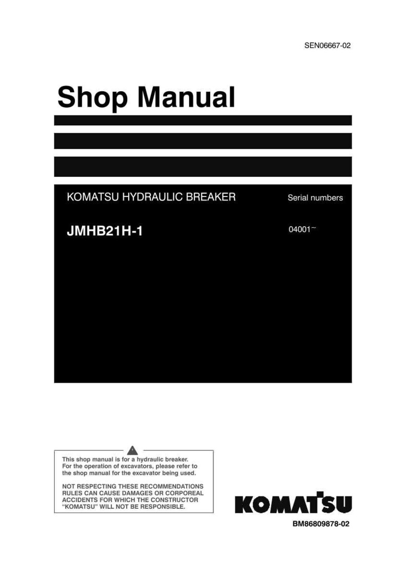 May include: A shop manual for a Komatsu hydraulic breaker, model JMHB21H-1. The cover is black with white text, including the Komatsu logo and serial numbers. The manual provides instructions for the operation of excavators.