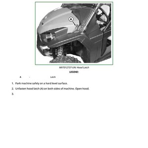 May include: Diagram illustrating the removal and installation of a hood. The image shows a close-up of a vehicle's front, highlighting the hood latch (A). Text instructions are provided below the image.