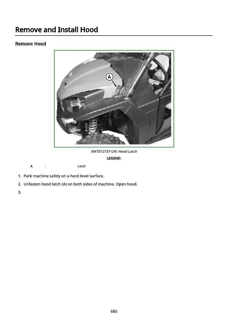 May include: Diagram illustrating the removal and installation of a hood. The image shows a close-up of a vehicle's front, highlighting the hood latch (A). Text instructions are provided below the image.