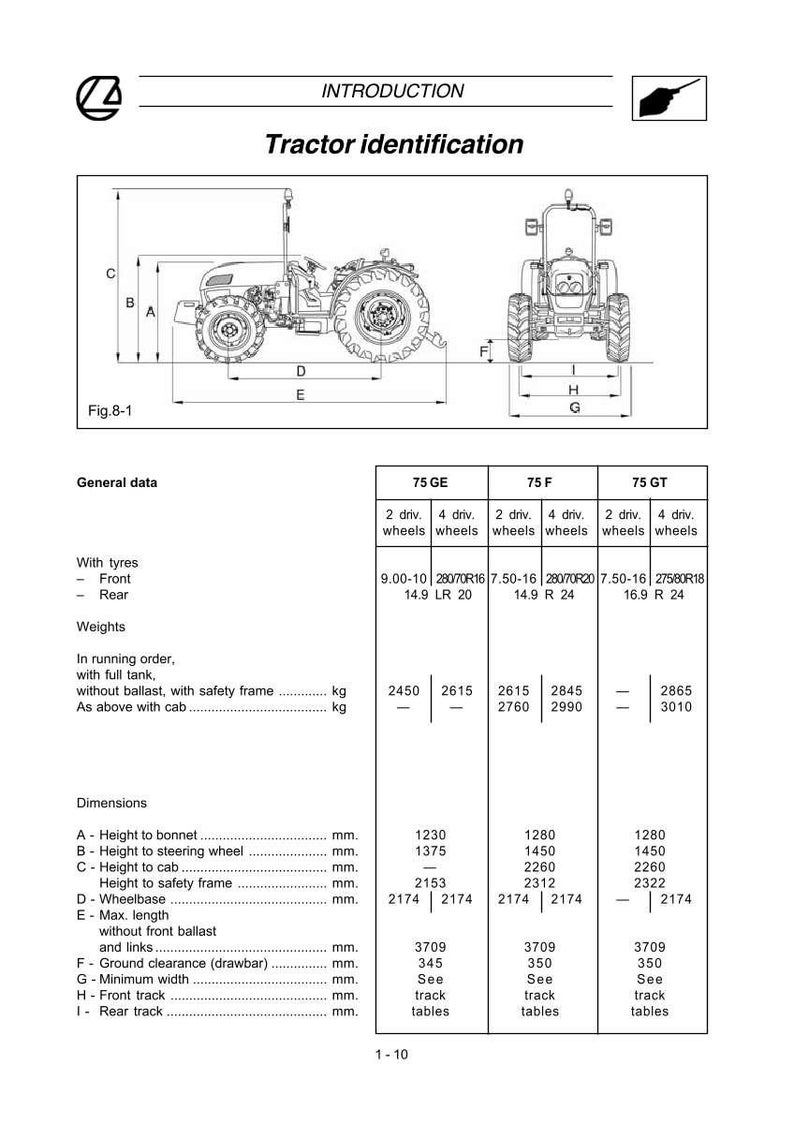 Peut inclure: Sch&eacute;ma d'identification de tracteur avec vues lat&eacute;rales et frontales, dimensions en mm. Tableaux de donn&eacute;es avec poids et dimensions pour diff&eacute;rents mod&egrave;les de tracteurs, incluant hauteur et empattement.