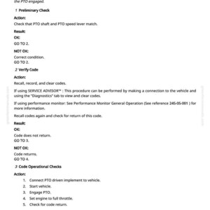 May include: A manual page titled "CCU 001883.01 - Rear PTO Underspeed." It details procedures for diagnosing and resolving PTO underspeed issues, including preliminary checks, code verification, and operational checks. The text is black on a white background.