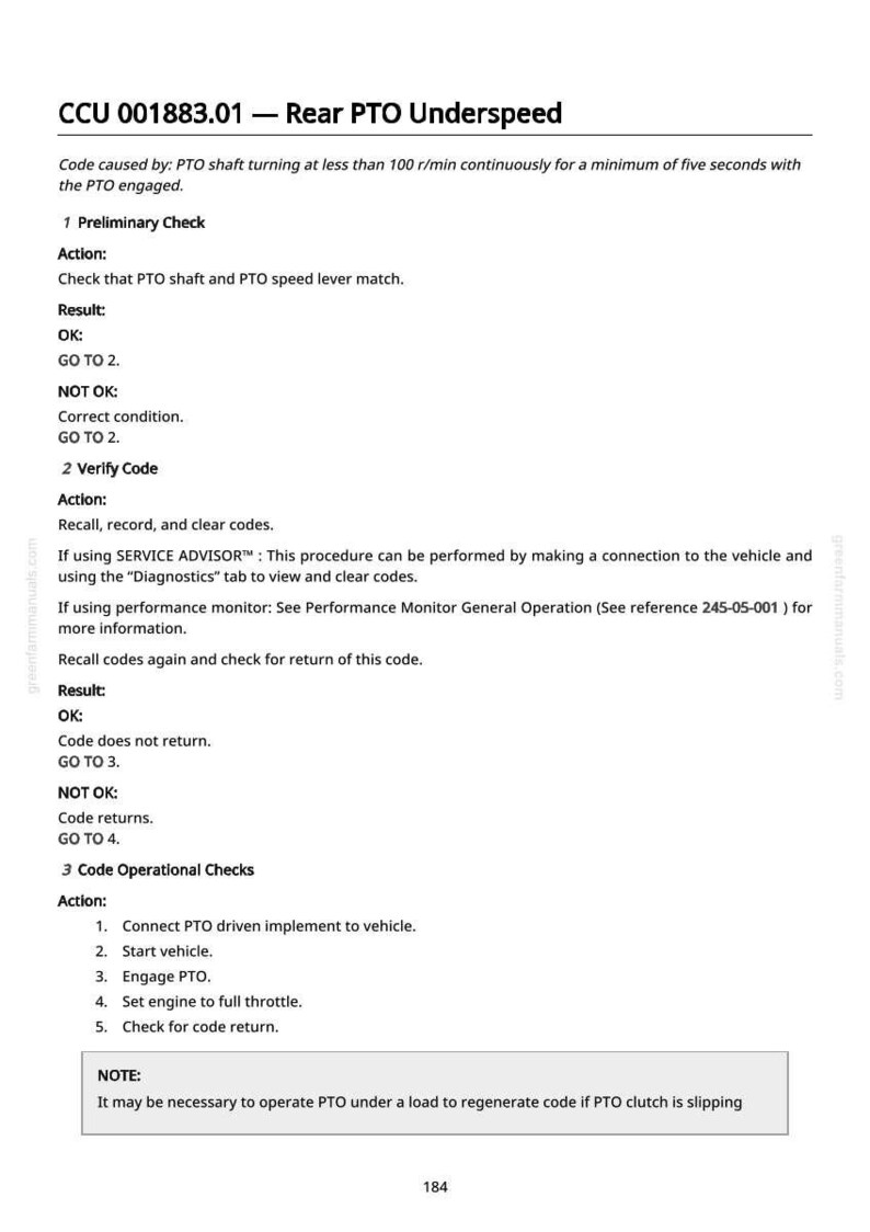 May include: A manual page titled "CCU 001883.01 - Rear PTO Underspeed." It details procedures for diagnosing and resolving PTO underspeed issues, including preliminary checks, code verification, and operational checks. The text is black on a white background.