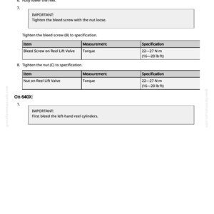 May include: A page from a manual with tables detailing torque specifications for reel lift cylinder bleed screws and reel lift valve components. Measurements are in lb-ft and N-m. Instructions include tightening procedures.