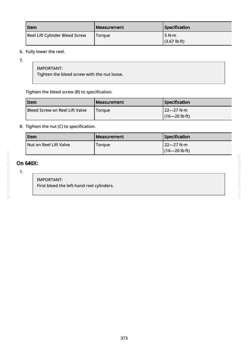 May include: A page from a manual with tables detailing torque specifications for reel lift cylinder bleed screws and reel lift valve components. Measurements are in lb-ft and N-m. Instructions include tightening procedures.