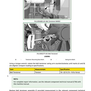 May include: Diagrams of a belt tensioner with labels A and B, and the text "Belt Tensioner MARKS" and "Belt Tensioner". The specification for tension is 18-22 N (13-16 lb.-force).