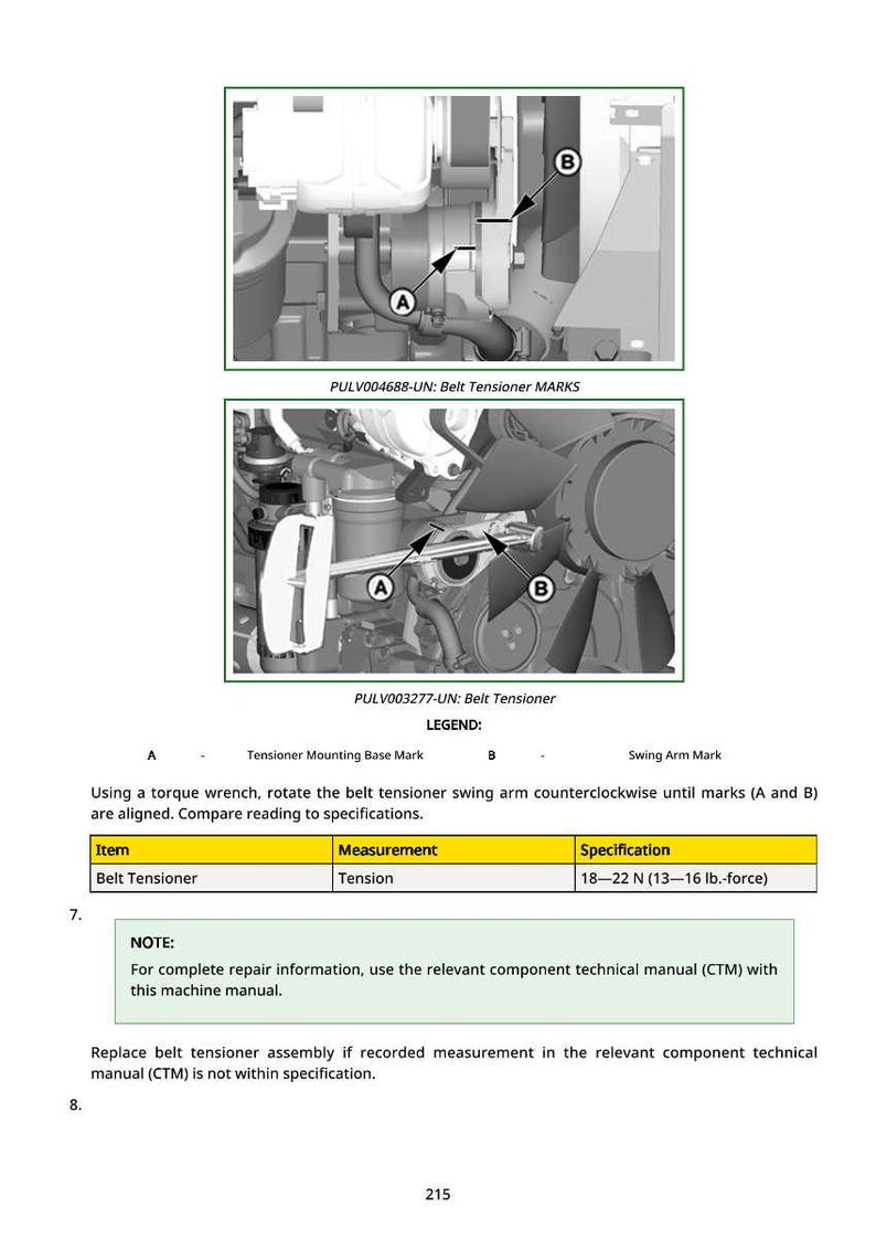 May include: Diagrams of a belt tensioner with labels A and B, and the text "Belt Tensioner MARKS" and "Belt Tensioner". The specification for tension is 18-22 N (13-16 lb.-force).