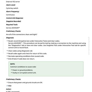 May include: A white document titled "VCU 520872.31 - Critical Data Check Sum Fail" with troubleshooting steps for an internal VCU error. Includes sections on diagnosis, preliminary checks, and actions to take.