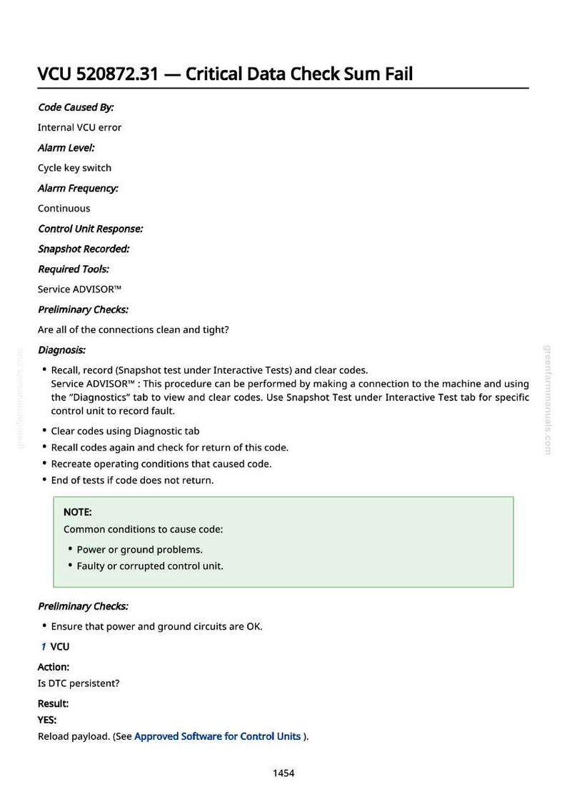 May include: A white document titled "VCU 520872.31 - Critical Data Check Sum Fail" with troubleshooting steps for an internal VCU error. Includes sections on diagnosis, preliminary checks, and actions to take.