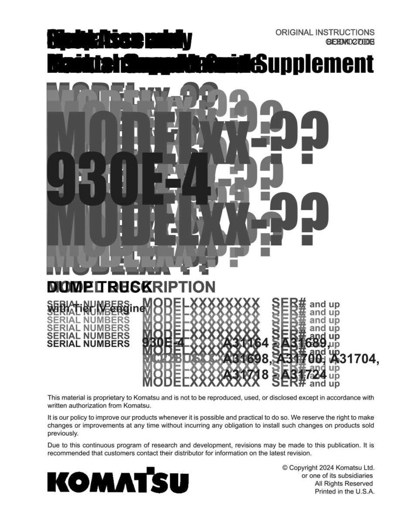 K&ouml;nnte beinhalten: Ein wei&szlig;es Dokument mit schwarzem Text, einschlie&szlig;lich "Originalanweisungen" und "Supplement". Das Dokument enth&auml;lt den Text "930E-4" und "DUMP TRUCK KRIPTION". Das Komatsu-Logo befindet sich unten.
