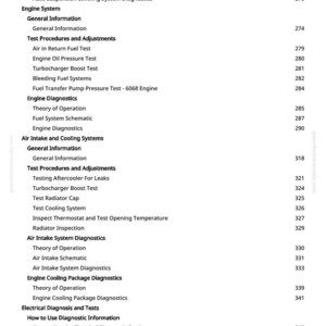 May include: A white page from a manual with a detailed table of contents. The topics include engine diagnostics, air intake, cooling systems, and electrical diagnostics. Page numbers are listed on the right.