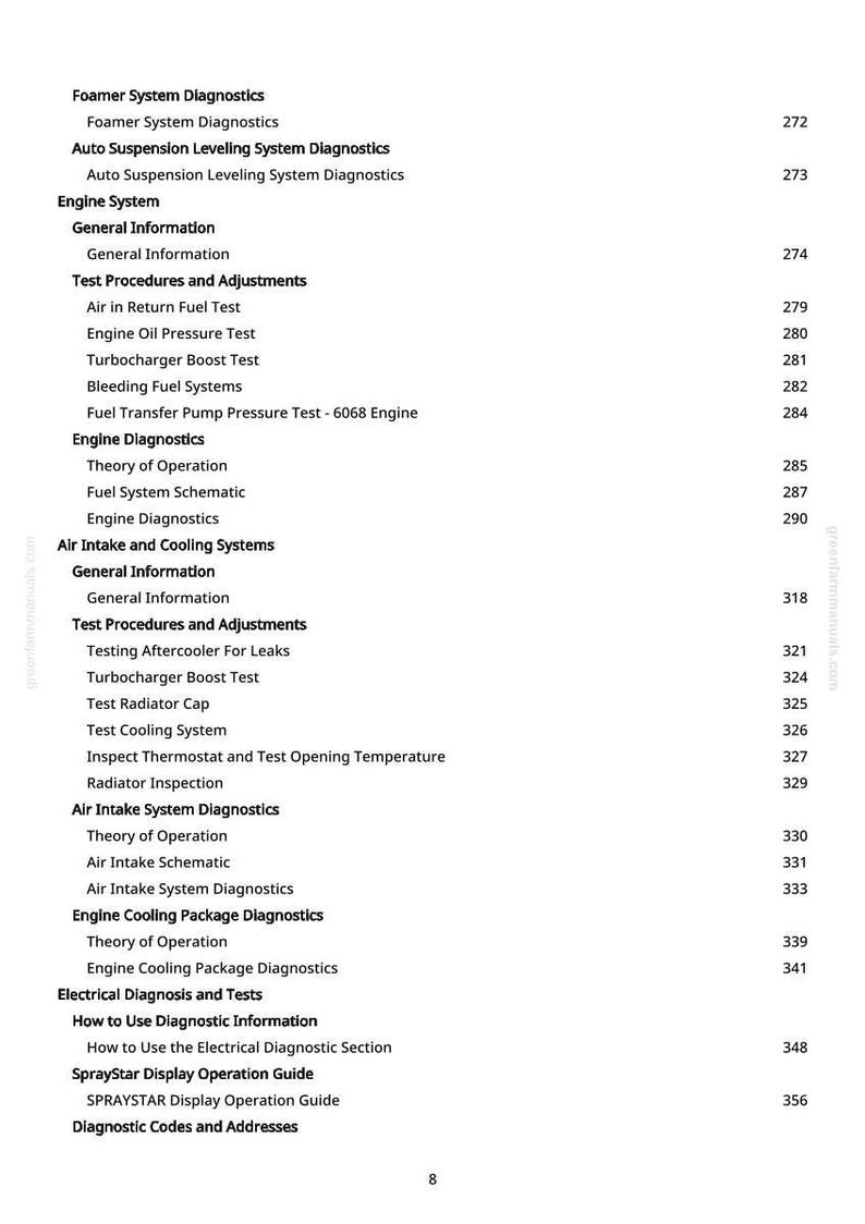 May include: A white page from a manual with a detailed table of contents. The topics include engine diagnostics, air intake, cooling systems, and electrical diagnostics. Page numbers are listed on the right.