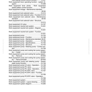 May include: A manual page headed "INDEX" detailing work equipment components and page references. The text is black on a white background, typical of technical documentation.