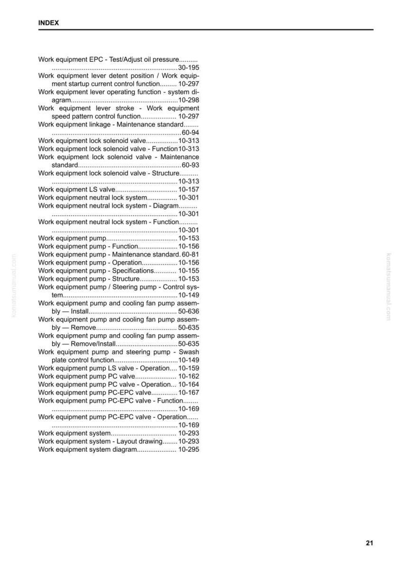 May include: A manual page headed "INDEX" detailing work equipment components and page references. The text is black on a white background, typical of technical documentation.