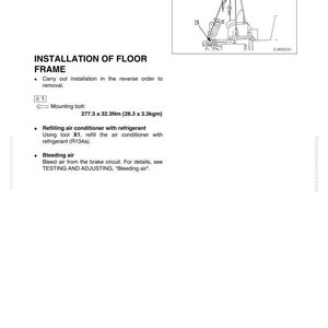 May include: A technical diagram from a manual detailing the disassembly and assembly of a floor frame. The diagram includes text instructions, a line drawing of the frame, and specifications for mounting bolts, refrigerant, and bleeding air.