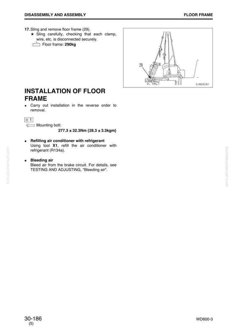 May include: A technical diagram from a manual detailing the disassembly and assembly of a floor frame. The diagram includes text instructions, a line drawing of the frame, and specifications for mounting bolts, refrigerant, and bleeding air.