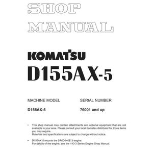 K&ouml;nnte beinhalten: Ein wei&szlig;es Werkstatthandbuch mit dem Text "SHOP MANUAL" oben. Der Markenname "KOMATSU" und das Modell "D155AX-5" sind abgebildet. Das Handbuch enth&auml;lt das Maschinenmodell, die Seriennummer und weitere technische Details.