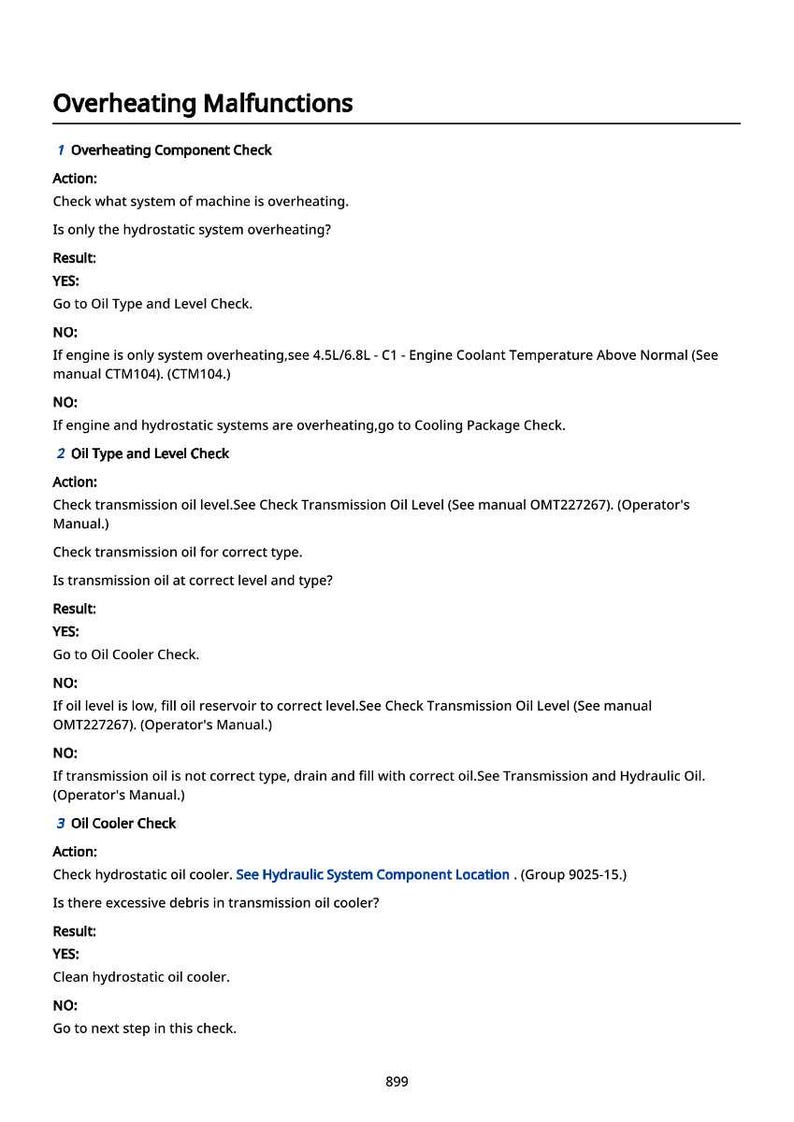 May include: A troubleshooting guide titled "Overheating Malfunctions" with numbered steps. The text includes instructions for checking components, oil levels, and coolers. The page has a white background with black text.