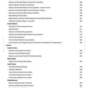 May include: A white page from a manual with a table of contents. The text includes sections on cylinders, accumulators, frames, wing repair, and level frame. Page numbers are listed on the right.