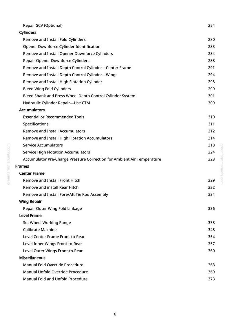 May include: A white page from a manual with a table of contents. The text includes sections on cylinders, accumulators, frames, wing repair, and level frame. Page numbers are listed on the right.