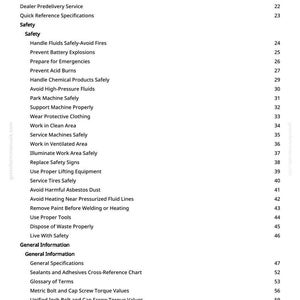 May include: A white page from a manual with a black table of contents. The table lists safety precautions, general information, and engine-related topics. Page numbers are on the right. The text includes "Handle Fluids Safely," and "Prevent Battery Explosions."