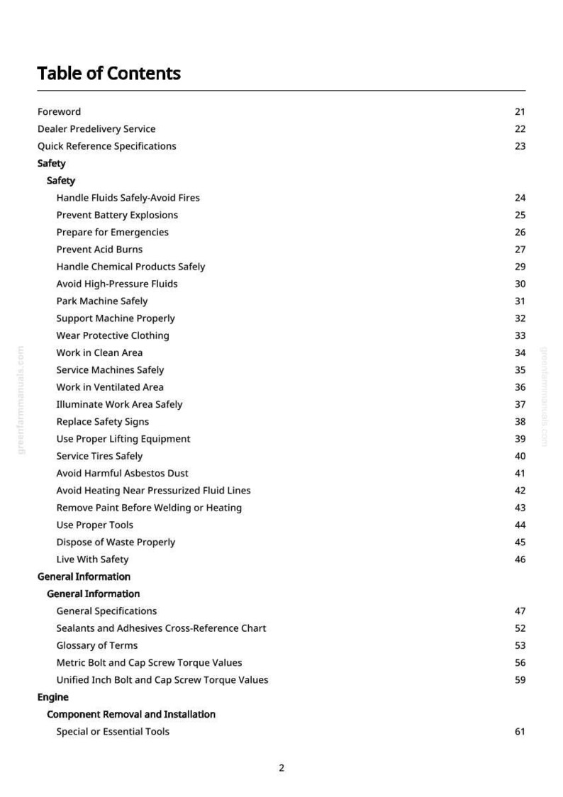 May include: A white page from a manual with a black table of contents. The table lists safety precautions, general information, and engine-related topics. Page numbers are on the right. The text includes "Handle Fluids Safely," and "Prevent Battery Explosions."