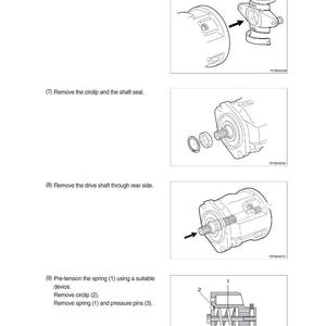 May include: Technical diagram with step-by-step instructions for disassembling a mechanical component. The image shows various parts, including a swash plate, bearing shells, circlip, shaft seal, drive shaft, spring, and pressure pins. Text labels and arrows indicate the removal sequence.