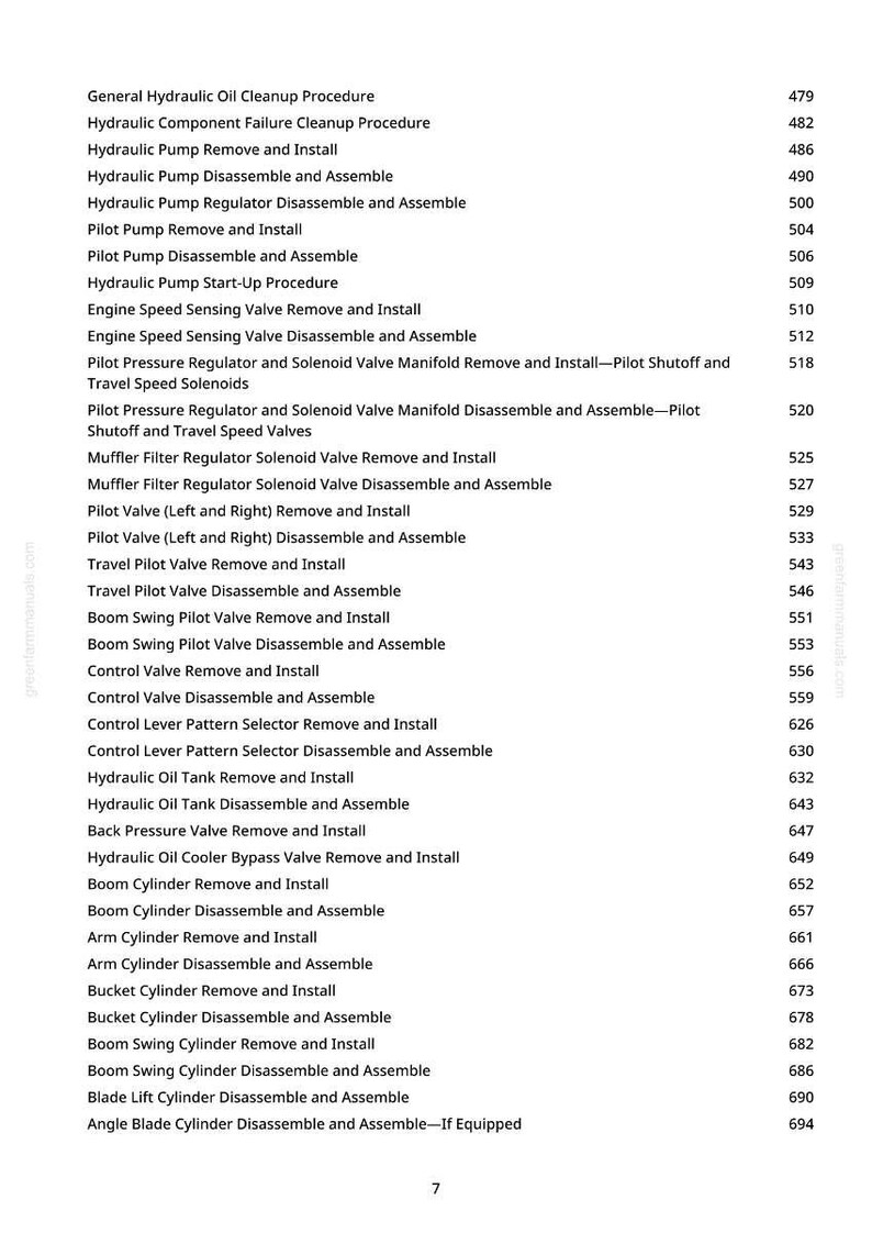 May include: A detailed list of hydraulic system procedures, including removal, installation, and disassembly of various components. The text is in black font on a white background, with page numbers on the right.