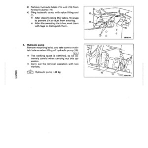 May include: A technical diagram from a manual, showing the disassembly and assembly of a hydraulic pump. The text includes instructions for removing tubes and the pump itself. The pump weighs 46 kg.