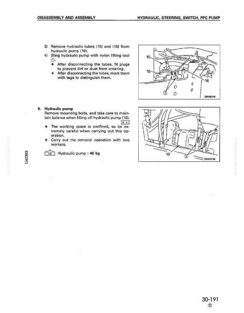 May include: A technical diagram from a manual, showing the disassembly and assembly of a hydraulic pump. The text includes instructions for removing tubes and the pump itself. The pump weighs 46 kg.