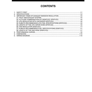 May include: A white document with the title "INFORMATION" and "CONTENTS" in bold black text. The document lists various topics, including safety, specifications, and exhaust emission regulation. The document is labeled KISC issued 03, 2020 A.